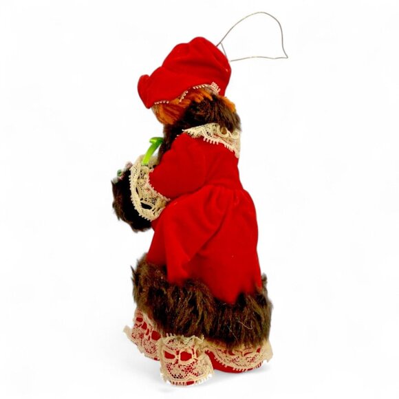 Vintage Red Velvet Christmas Doll With Lace & Faux Fur Trimmed Cloak - Picture 5 of 6
